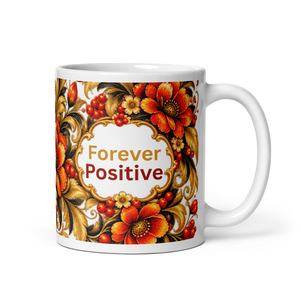 Forever Positive Mug | Orange-Gold Floral Designer Cup