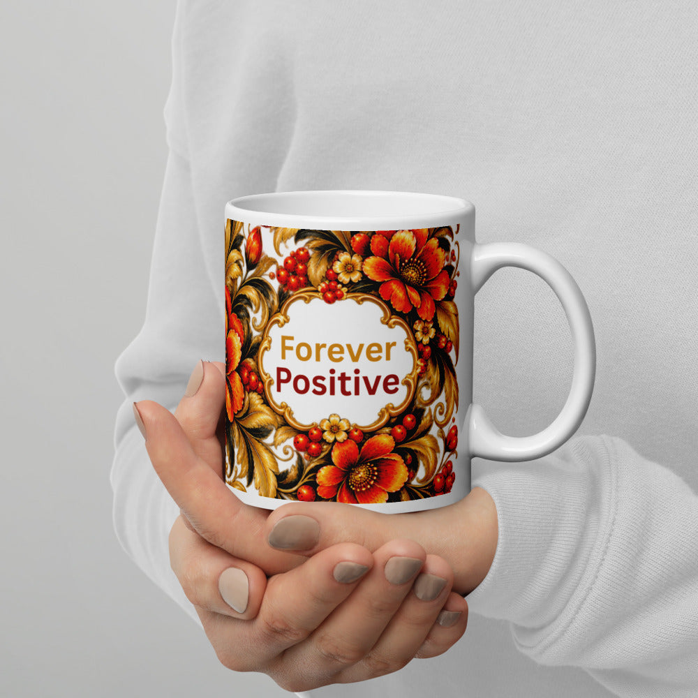 Forever Positive Mug | Orange-Gold Floral Designer Cup