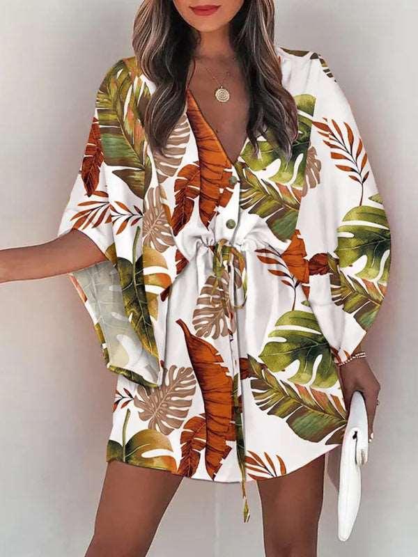 Women's Beach Dolman Half Sleeve V-neck Floral Print Adjustable Dress - Alartis