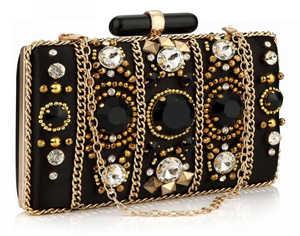 Women's Black Satin Rhinestone Bag - Alartis
