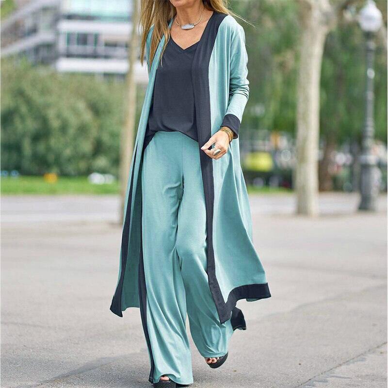 Women's Color Sleeveless Vest and Long Sleeve Cardigan Jacket + Long Pants 3 Piece Set - Alartis