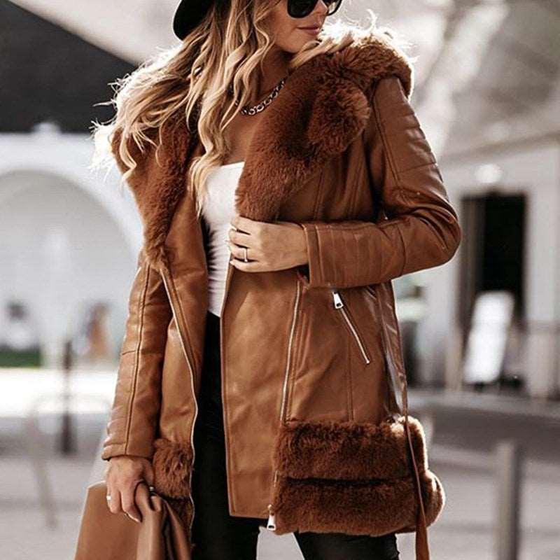 Women's Fur Collar Leather Jacket - Alartis