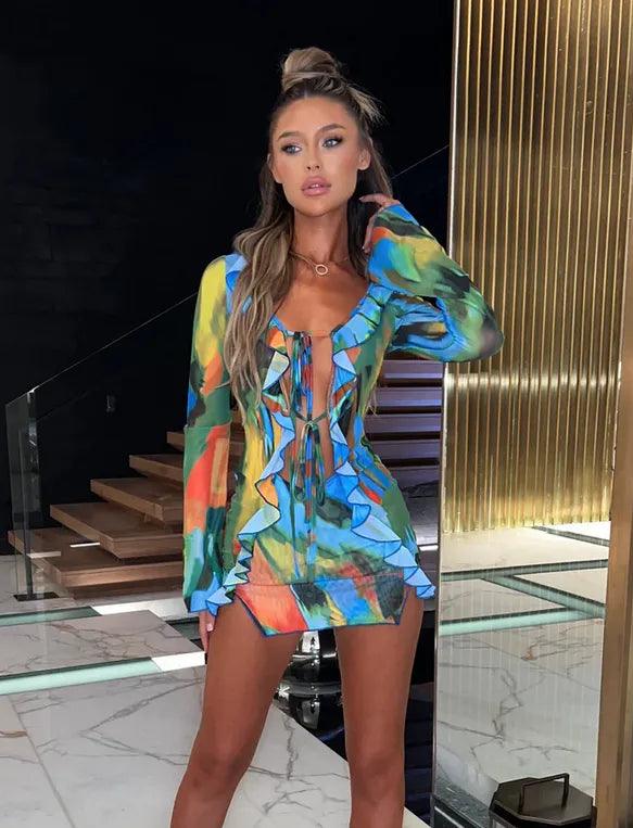 Tie Dye Long Sleeve High Neck Bodycon Streetwear Party Club 2025 Summer Mini Dress