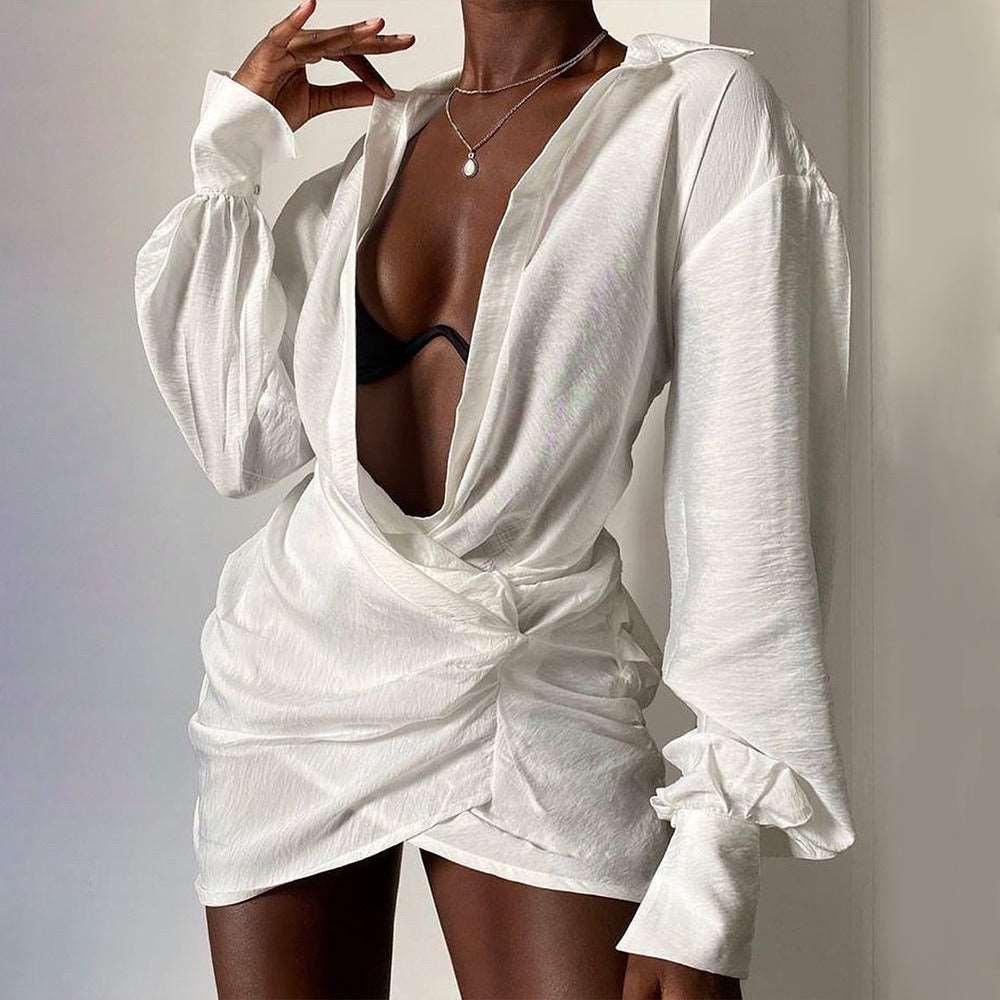 Women’s Long Sleeved White Deep V Linen Dress - Alartis