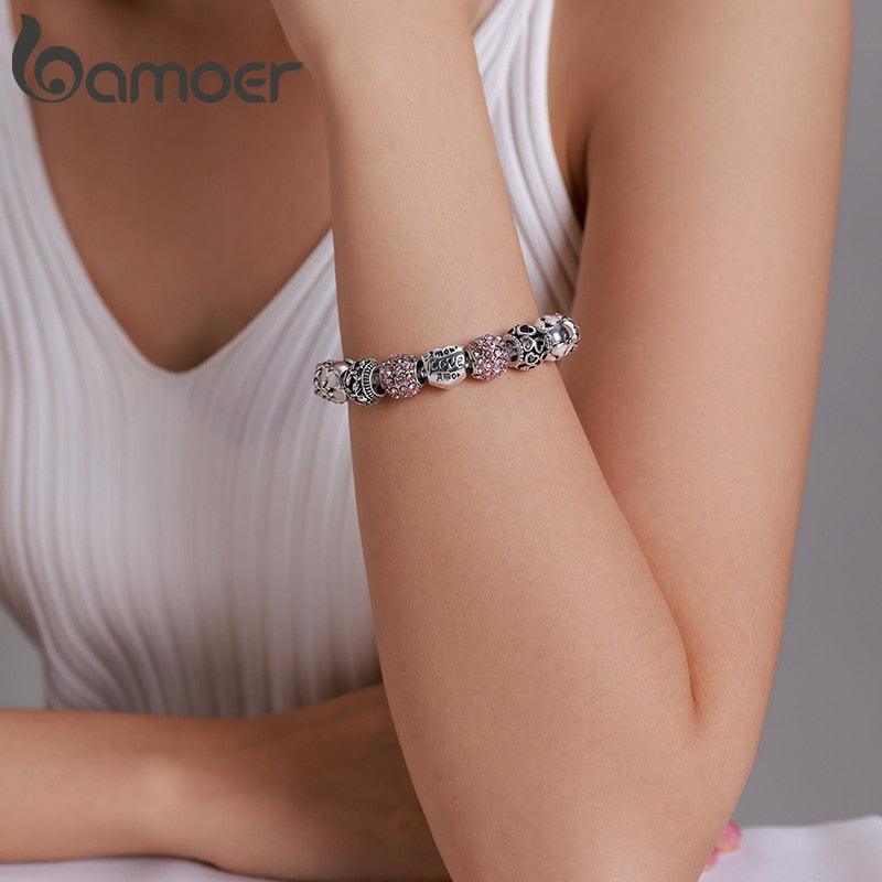 Women's Silver Plated Charm Bracelet, 4 Colors Jewelry with Love and Flower Beads - Alartis