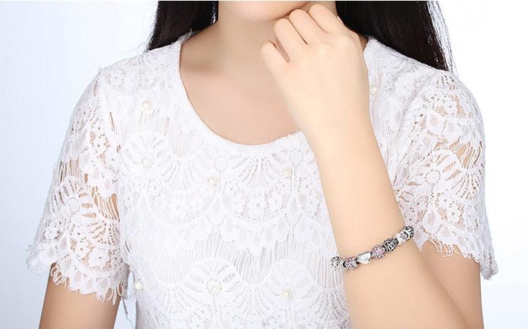 Women's Silver Plated Charm Bracelet, 4 Colors Jewelry with Love and Flower Beads - Alartis