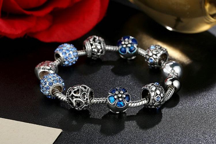 Women's Silver Plated Charm Bracelet, 4 Colors Jewelry with Love and Flower Beads - Alartis