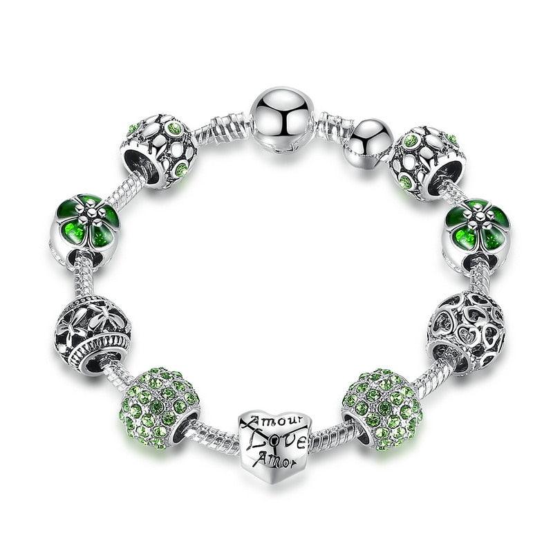 Women's Silver Plated Charm Bracelet, 4 Colors Jewelry with Love and Flower Beads - Alartis