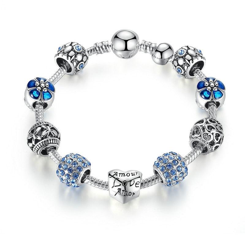 Women's Silver Plated Charm Bracelet, 4 Colors Jewelry with Love and Flower Beads - Alartis