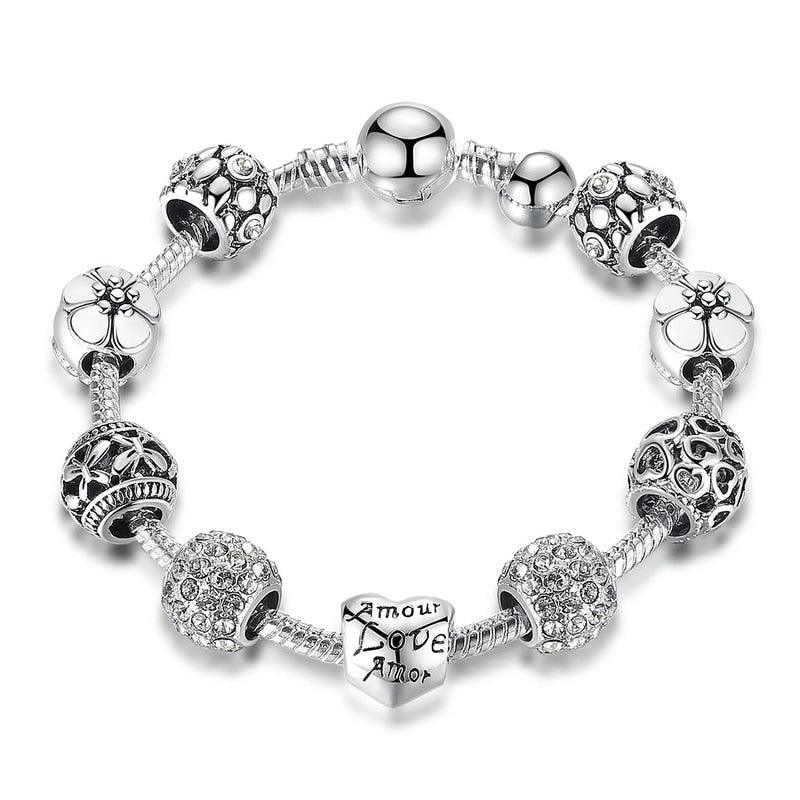 Women's Silver Plated Charm Bracelet, 4 Colors Jewelry with Love and Flower Beads - Alartis