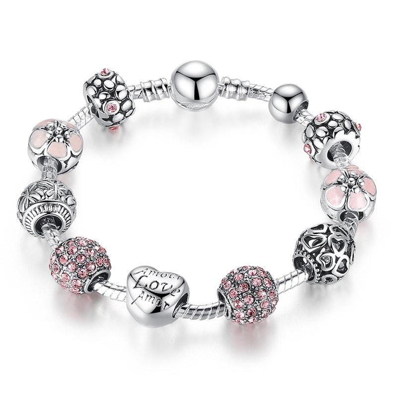 Women's Silver Plated Charm Bracelet, 4 Colors Jewelry with Love and Flower Beads - Alartis