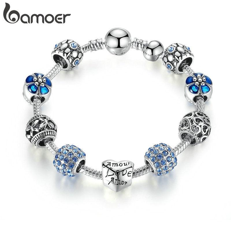 Women's Silver Plated Charm Bracelet, 4 Colors Jewelry with Love and Flower Beads - Alartis