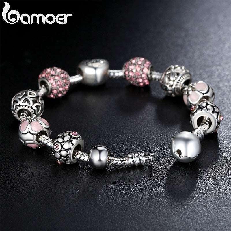 Women's Silver Plated Charm Bracelet, 4 Colors Jewelry with Love and Flower Beads - Alartis
