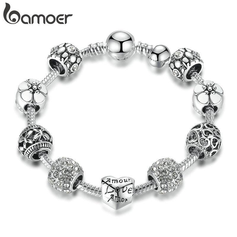Women's Silver Plated Charm Bracelet, 4 Colors Jewelry with Love and Flower Beads - Alartis
