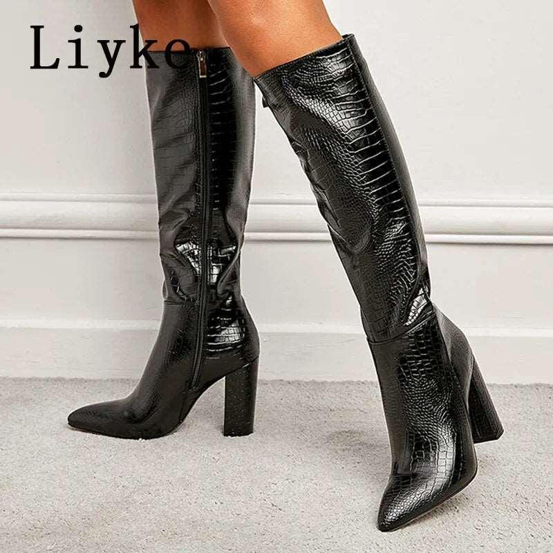 Women's Snake Print Knee High Leather Boots - Alartis