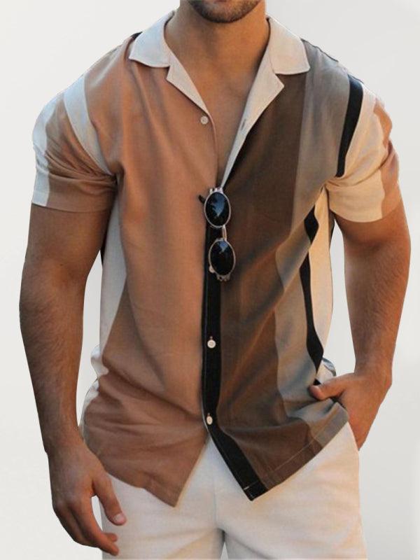Men's Color Block Short Sleeve Button-up Shirt - Alartis