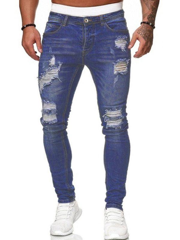 Men's Solid Color Ripped Stretch Skinny Distressed Jeans - Alartis