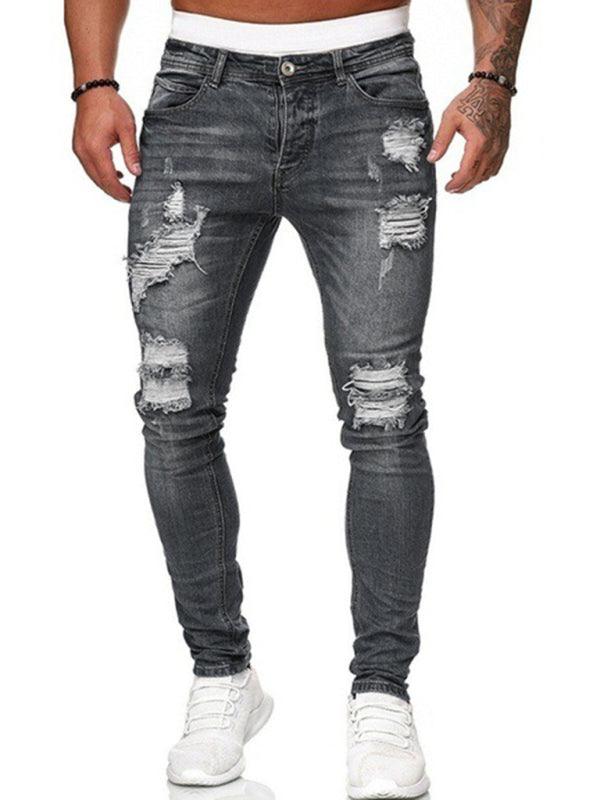 Men's Solid Color Ripped Stretch Skinny Distressed Jeans - Alartis