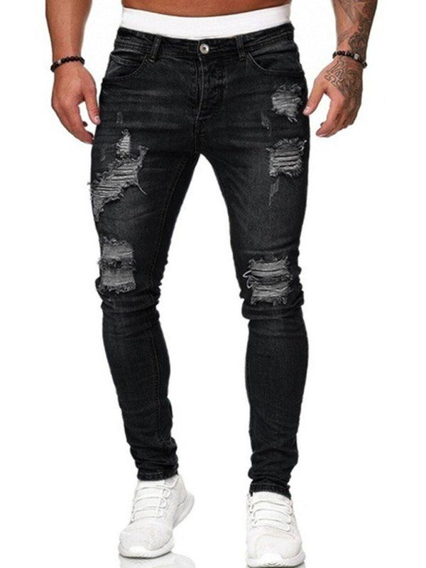 Men's Solid Color Ripped Stretch Skinny Distressed Jeans - Alartis