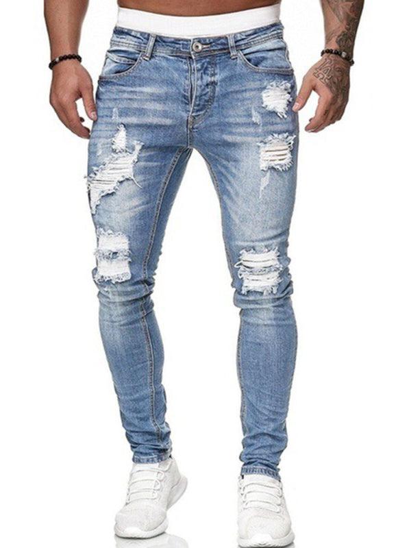 Men's Solid Color Ripped Stretch Skinny Distressed Jeans - Alartis