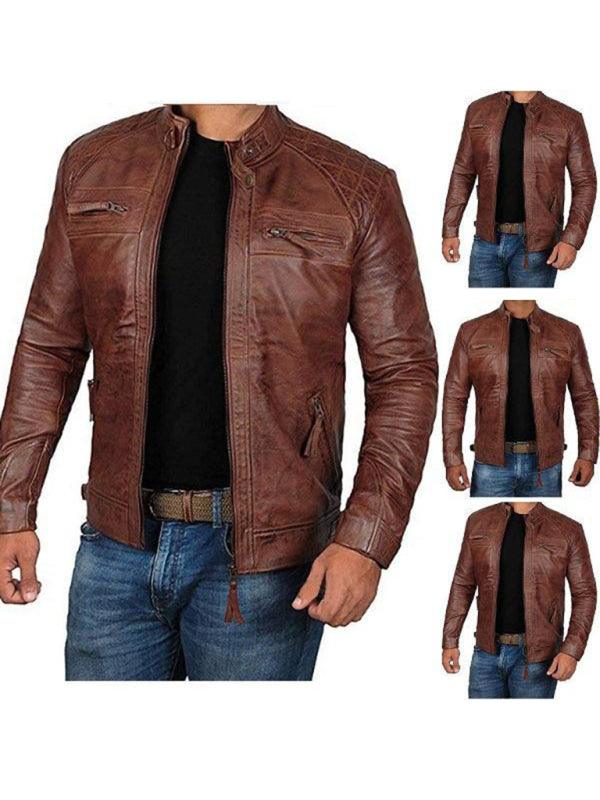 Men's Stand Collar Motorcycle Leather Jacket - Alartis