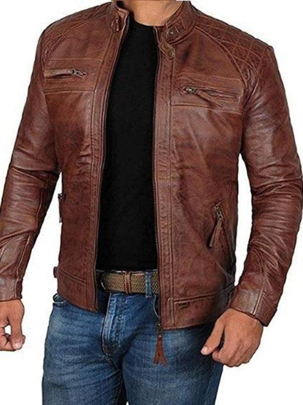 Men's Stand Collar Motorcycle Leather Jacket - Alartis