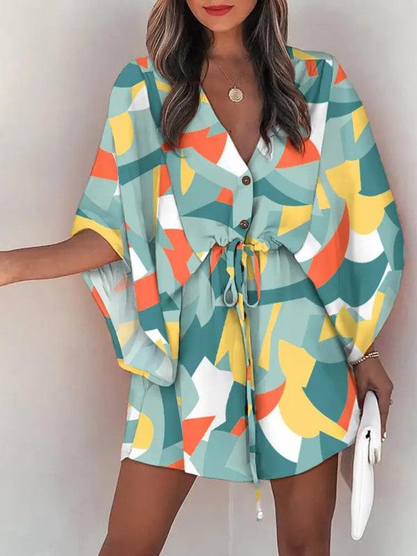 Women's Beach Dolman Half Sleeve V-neck Floral Print Adjustable Dress - Alartis