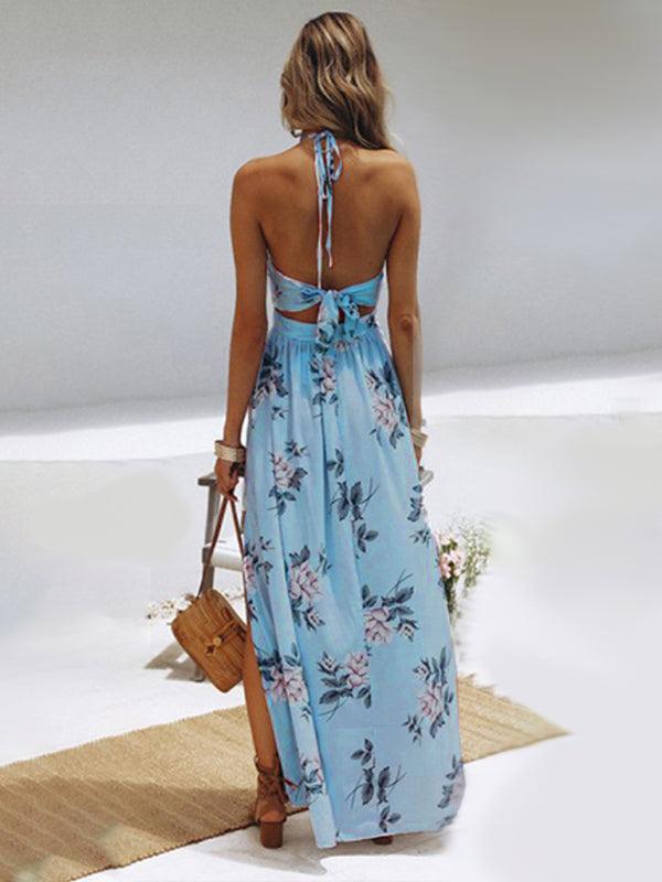 Women's Halter V-neck Chiffon Print Party Dress - Alartis