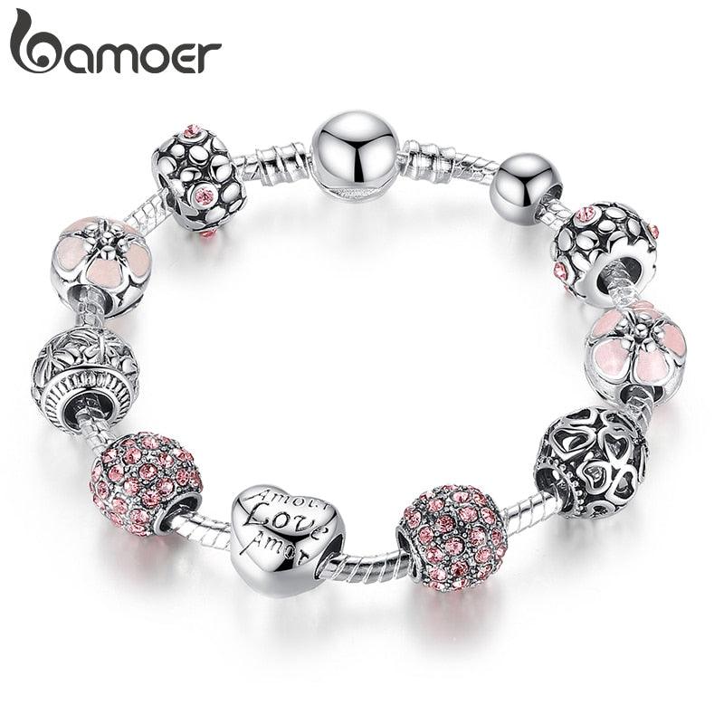 Women's Silver Plated Charm Bracelet, 4 Colors Jewelry with Love and Flower Beads - Alartis