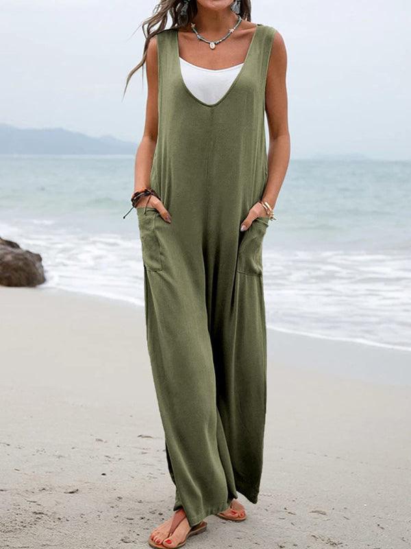Women's V-neck Solid Color Patch Pocket Fashion Jumpsuit - Alartis