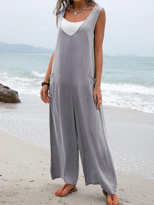 Women's V-neck Solid Color Patch Pocket Fashion Jumpsuit - Alartis