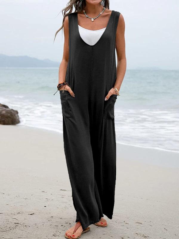 Women's V-neck Solid Color Patch Pocket Fashion Jumpsuit - Alartis