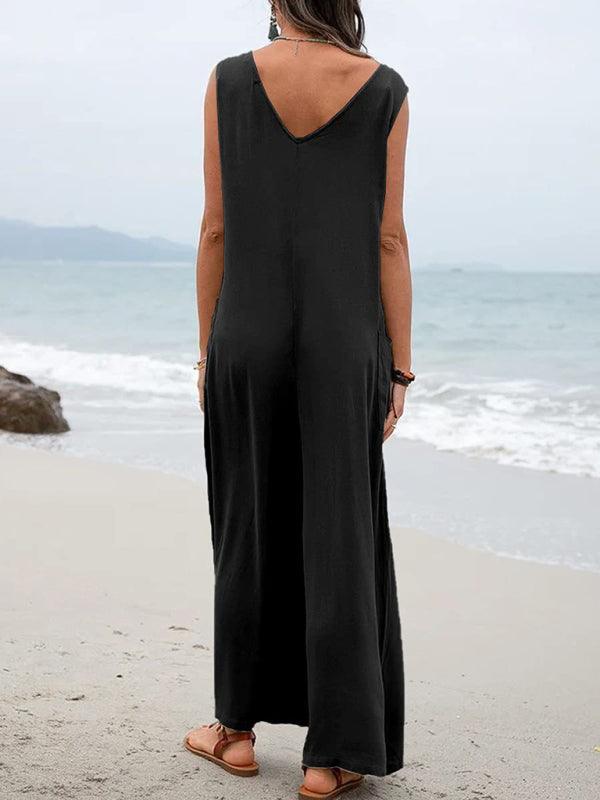 Women's V-neck Solid Color Patch Pocket Fashion Jumpsuit - Alartis