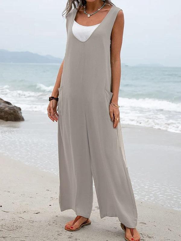 Women's V-neck Solid Color Patch Pocket Fashion Jumpsuit - Alartis