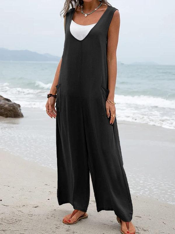 Women's V-neck Solid Color Patch Pocket Fashion Jumpsuit - Alartis