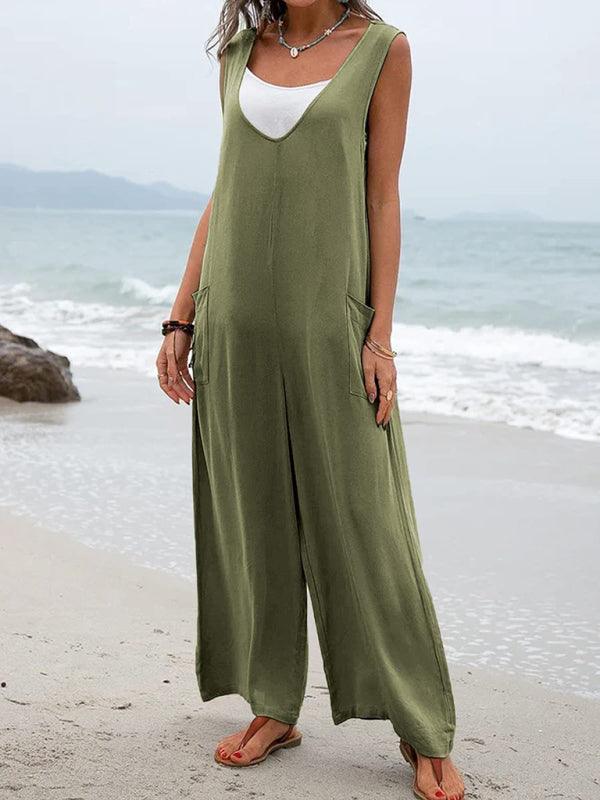 Women's V-neck Solid Color Patch Pocket Fashion Jumpsuit - Alartis