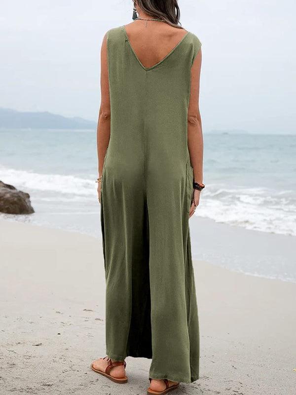 Women's V-neck Solid Color Patch Pocket Fashion Jumpsuit - Alartis