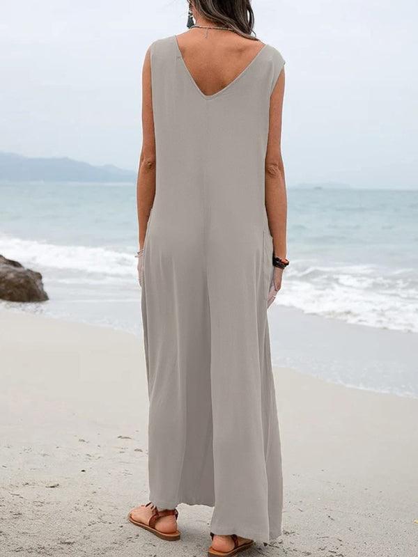 Women's V-neck Solid Color Patch Pocket Fashion Jumpsuit - Alartis