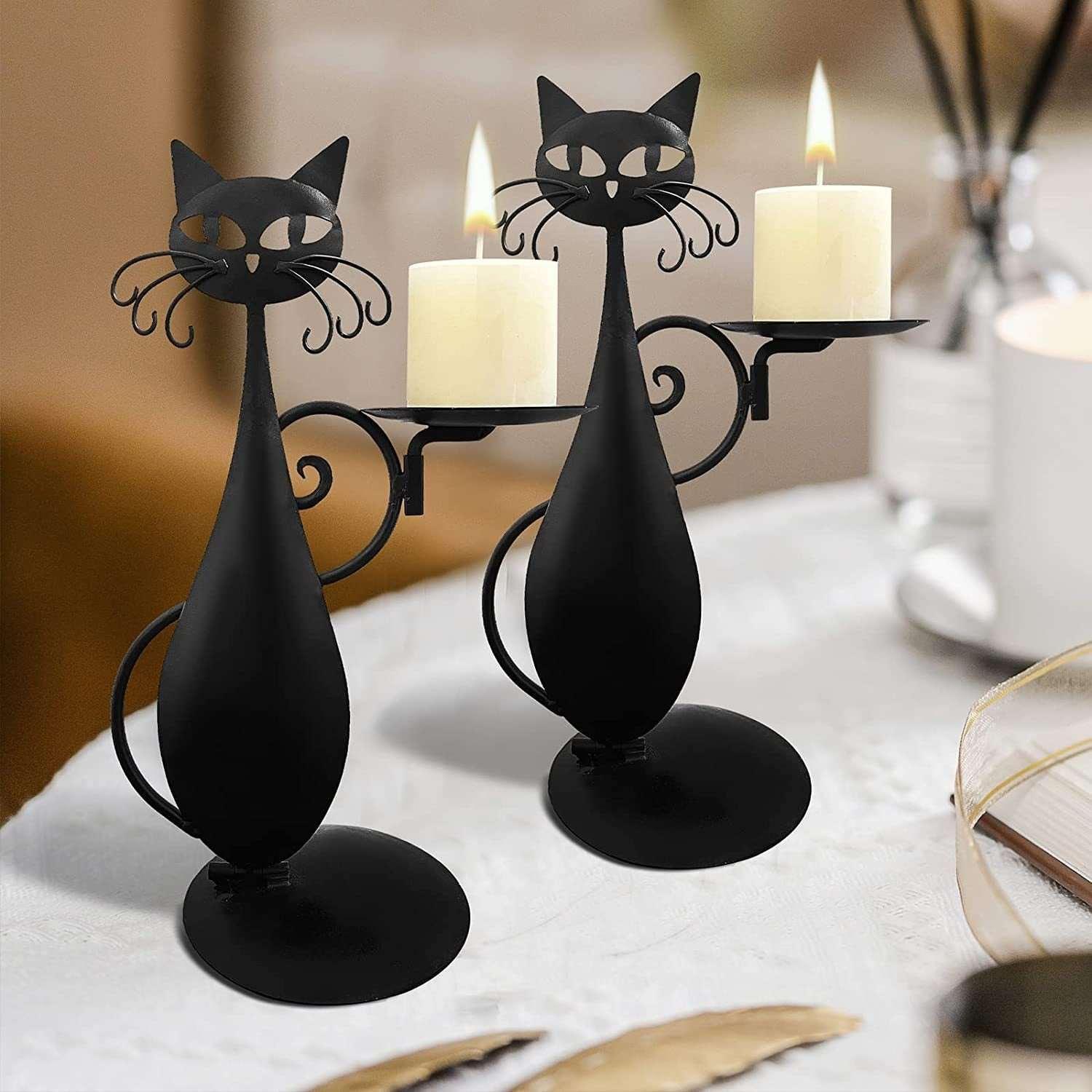 Black Metal Cat Retro Rural Farmhouse Candlestick - Alartis