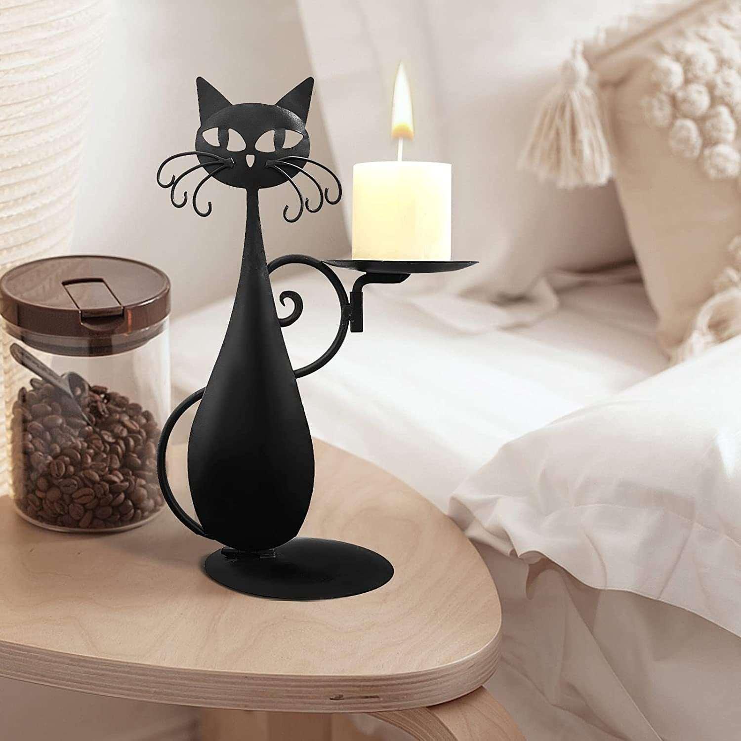 Black Metal Cat Retro Rural Farmhouse Candlestick - Alartis