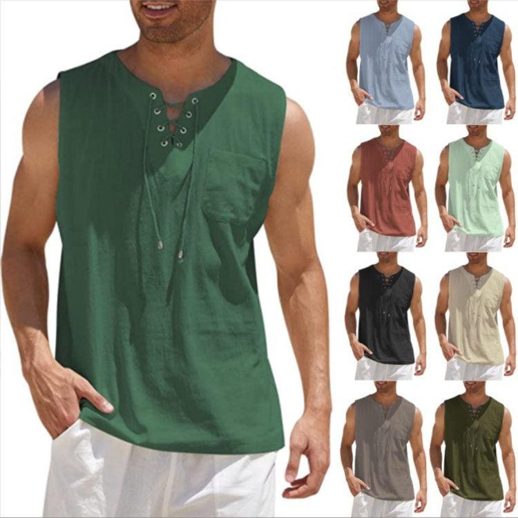 Men's Lace Up Tank Top Shirt, Solid Cotton Hemp Short Sleeve T-shirt - Alartis