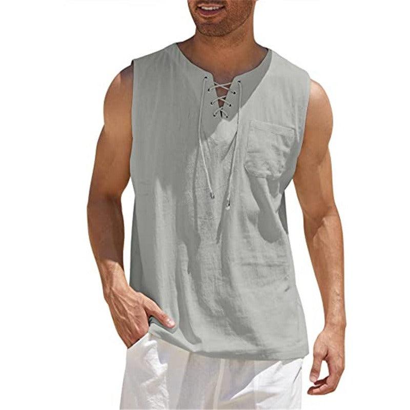 Men's Lace Up Tank Top Shirt, Solid Cotton Hemp Short Sleeve T-shirt - Alartis