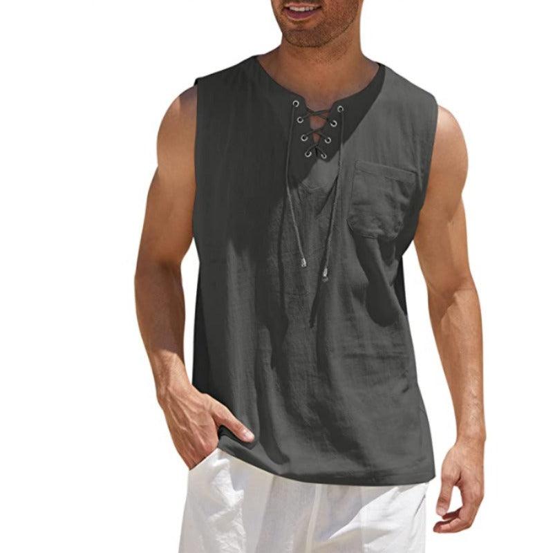 Men's Lace Up Tank Top Shirt, Solid Cotton Hemp Short Sleeve T-shirt - Alartis