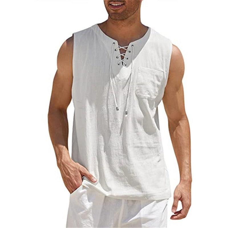 Men's Lace Up Tank Top Shirt, Solid Cotton Hemp Short Sleeve T-shirt - Alartis