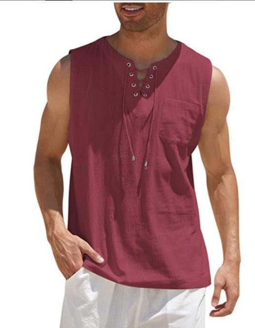 Men's Lace Up Tank Top Shirt, Solid Cotton Hemp Short Sleeve T-shirt - Alartis