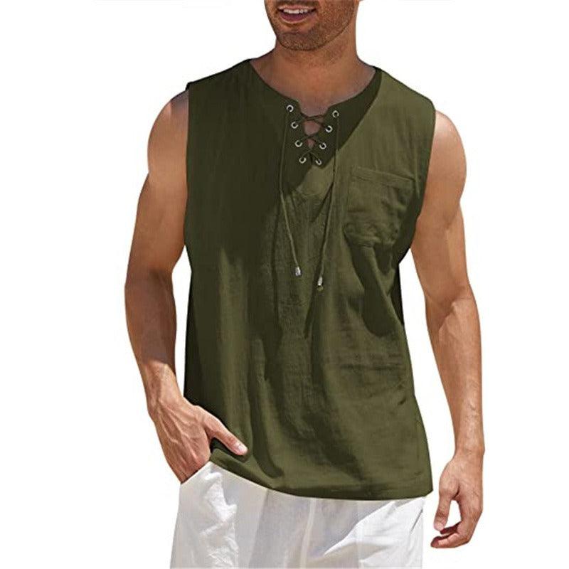 Men's Lace Up Tank Top Shirt, Solid Cotton Hemp Short Sleeve T-shirt - Alartis