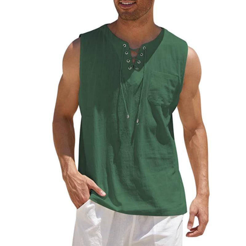 Men's Lace Up Tank Top Shirt, Solid Cotton Hemp Short Sleeve T-shirt - Alartis