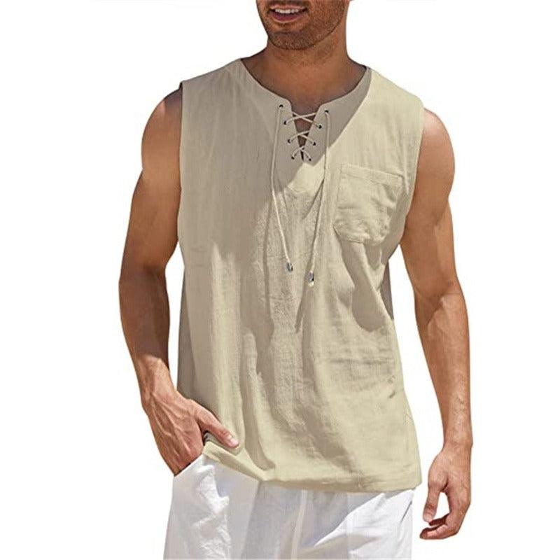 Men's Lace Up Tank Top Shirt, Solid Cotton Hemp Short Sleeve T-shirt - Alartis