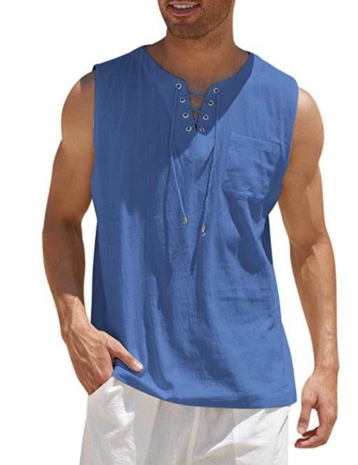 Men's Lace Up Tank Top Shirt, Solid Cotton Hemp Short Sleeve T-shirt - Alartis