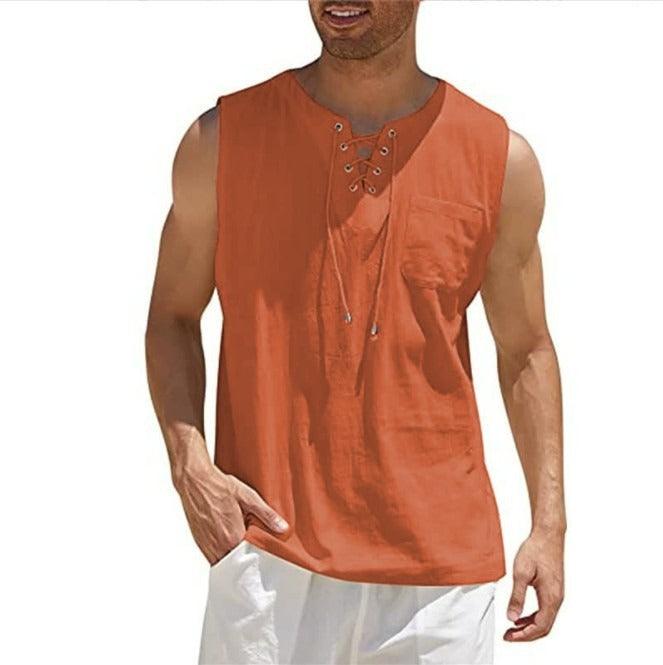 Men's Lace Up Tank Top Shirt, Solid Cotton Hemp Short Sleeve T-shirt - Alartis